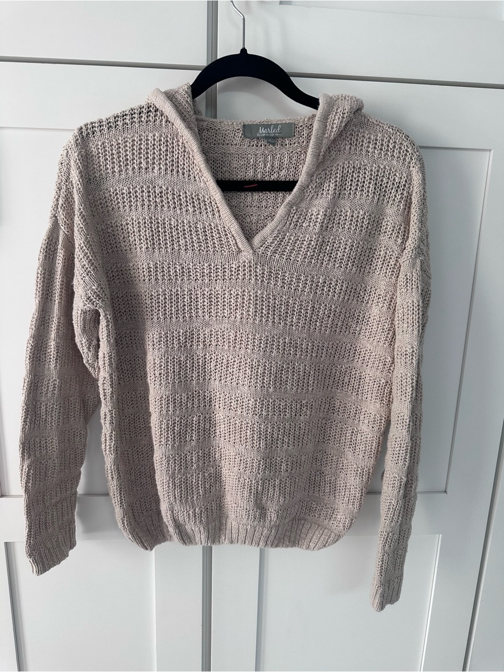 Marled Reunited Clothing 
 Cream Open-Weave V-Neck Hooded Cotton  Sweater Small